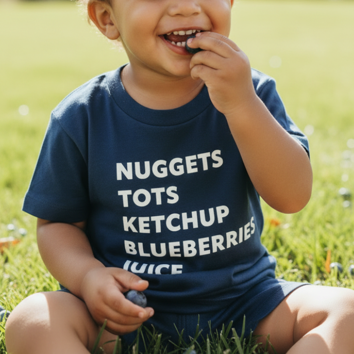 Toddler boy wearing a navy blue tee with white writing eating blueberries in the grass