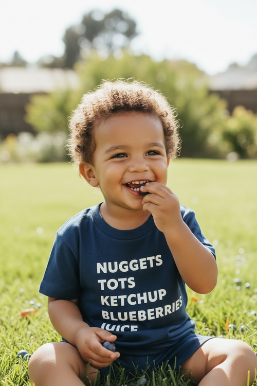 Toddler boy wearing a navy blue tee with white writing eating blueberries in the grass